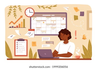 Woman planning day, scheduling appointments on laptop in calendar application or website. Business woman adding, checking, events, meetings reminders in planning app. Flat cartoon vector illustration