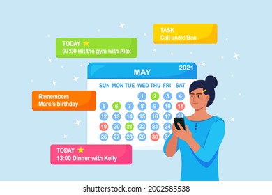 Woman Is Planning Day, Scheduling Appointments On Phone. Girl Using Calendar Application For Texting Messages, Checking, Adding Event, Meeting Reminders. Vector Illustration