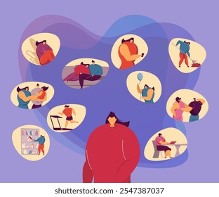 Woman planning events for week or month or recalling positive life memory. Person analyzing her life experience vector concept. Vector illustration for psychology, family, life balance concept