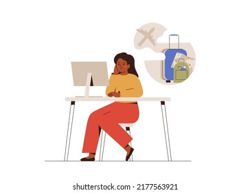 Woman planning her holiday and buys tickets on the plane. Girl at the workplace dreaming about vacations. Young female thinks on her future trip and rest. Vector illustration