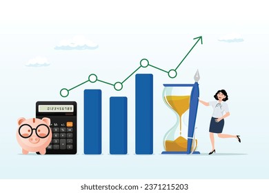 Woman planning for her savings with piggy bank growth chart, financial planning, investment or wealth management, savings money or income and salary, budgeting plan for spending, debt and tax (Vector)