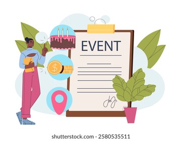 Woman planning holiday. Young girl near clipboard with event inscription. Manager orders cake and rents place for party. Planner and organizer at workplace. Flat vector illustration