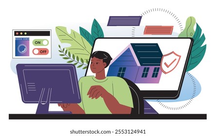 Woman planning house. Young girl sits at computer and chooses real estate and private property. Investment and trading. Flat vector illustration isolated on white background