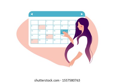 A woman is planning a medical appointment for pregnancy. The girl points to the date on the calendar. Pregnancy Calendar. Flat stock vector illustration isolated on white background.