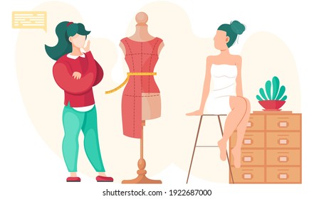 Woman planning model of future garment. Professional tailoring studio. Sewing clothes. Tailor measures waist. Girl sitting on stool and looking at mannequin with unfinished dress vector illustration