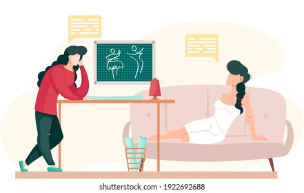 Woman planning model of future garment. Professional tailoring studio. Sewing clothes. Tailor drawing pattern. Girl lies on comfortable sofa and looks at board with pattern vector illustration