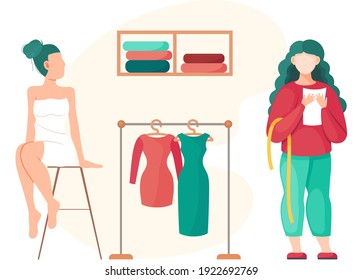 Woman planning model of future garment. Professional tailoring studio. Sewing clothes. Tailor takes measurements. Girl in white dress sits on stool and looks at seamstress with centimeter and paper
