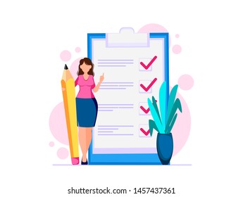 Woman planning month, to do list. Modern businesswoman cartoon character. Vector illustration