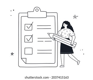 Woman planning month, to do list, time management. Girl is standing with pencil near to do list. Vector linear doodle style illustration.