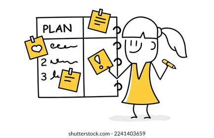 Woman planning, productivity concept. Stick figure. Doodle style. Vector illustration.