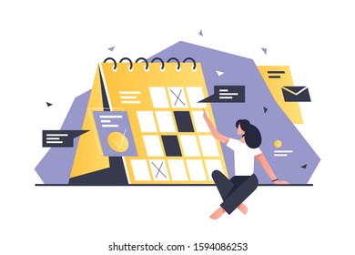 Woman planning schedule vector illustration. Female correcting dates and events on personal big calendar flat style. Icon with reminders. Time management concept