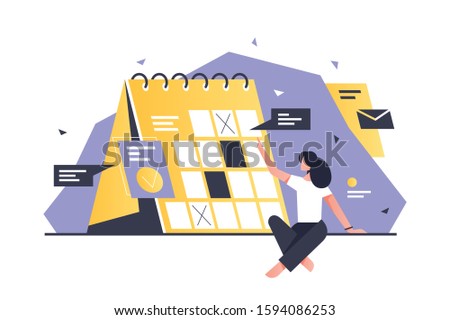 Woman planning schedule vector illustration. Female correcting dates and events on personal big calendar flat style. Icon with reminders. Time management concept