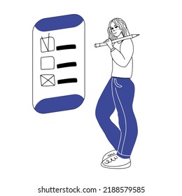 Mujer planeando trabajo. Ilustración de vector de contorno