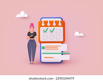 Woman planning work tasks, filling check list, making schedule using calendar. Business and organization concept. 3D Web Vector Illustrations.