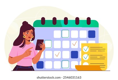 Mulher com planejamento. Menina jovem com smartphone perto do calendário. Gerenciamento de tempo e agendamento. Organizar um processo de trabalho eficiente. Ilustração de vetor plano isolada no plano de fundo branco