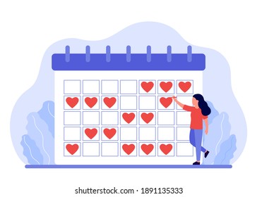 Woman plans in the calendar of the month red heart sign. Love sign. Days of love and self-care. Girl notice the date, schedule. Vector illustration
