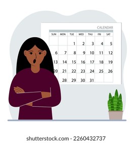 A woman plans his schedule, meetings for a month, holidays, weekends and important dates. Time management and optimization. Big calendar and a woman. Vector flat illustration