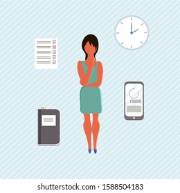Woman plans a working day with smartphone, notepad, planner. Work time planning concept. Vector illustration in flat cartoon style.
