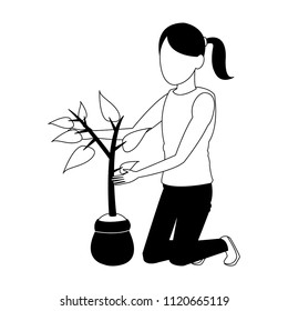 Woman with plant in black and white