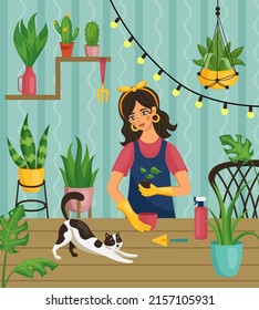 Woman in plant garden. Female takes care of houseplants. Ficuses in pots on table or shelves. Crazy lady planter growing flowers at home. Greenhouse interior. Trendy vector illustration