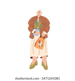 Woman with plant and gardening purchases isolated on white background. Horticulture gardener hobby character. Houseplant and garden market and store tools. Vector flat illustration.
