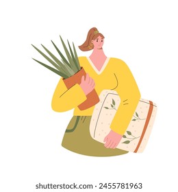Woman with plant and ground bag isolated on white background. Horticulture gardener hobby character. Houseplant and garden market and store purchase. Vector flat illustration.