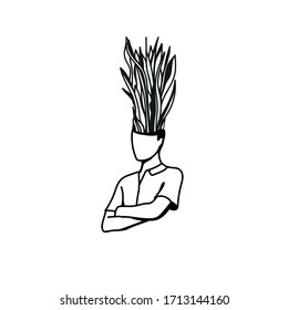 woman with plant on her head. black and white illustration. line vector illustration. snake plant. angry woman with thoughts in her head. Complicated thoughts. Fashion vector illustration.