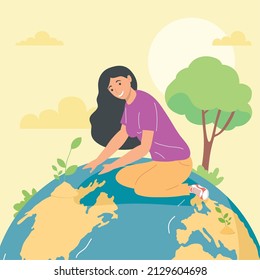 woman plant tree on the planet, design