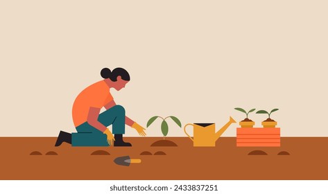 Woman Plant Tree, Sustainable Agriculture for Earth-Friendly Concept, Flat Vector Illustration Design