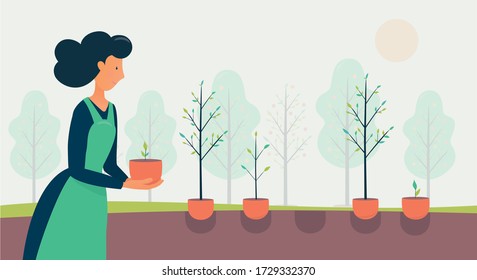 Woman plant trees in park. Gardening concept. Girl in overalls is holding seedling in her hand. Cartoon Flat vector.