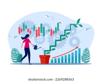 woman planted a ladder tree to flourish. growth or development. investment concept