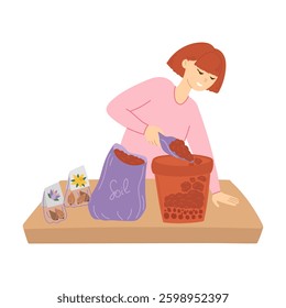 Woman planting flower bulbs in pot in flat cartoon design. Gardener putting soil layer for lasagna technology growing. Gardening and seasonal flowerpots in cut view. Vector illustration