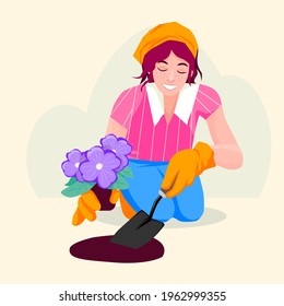 Woman planting flowers in the garden. Young girl transplants a plant. The character is a gardener. Vector flat style  illustration.