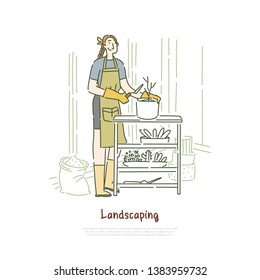 Woman planting flowers in hothouse, floristry hobby, succulents, cactus, house plants nursery banner template