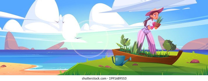 Woman planting flowers in old boat on sea beach. Vector cartoon summer landscape of sand ocean shore with broken ship in grass, watering can and girl in hat holding flower pot