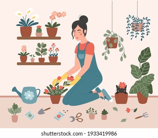 A woman is planting flowers in pots at home. Girl is engaged in gardening.  Hand drawn vector flat illustration. Scandinavian style cozy interior. Cute cat in flower pot. Urban jungle.