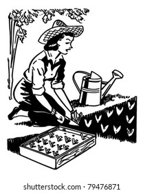 Woman Planting Garden - Retro Clipart Illustration