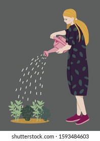 Woman planting gardens flowers, agriculture gardener hobby and garden job. Gardening person, gardener flowers.  Flat vector illustration.