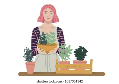 Woman planting gardens flowers, agriculture gardener hobby and garden job. Gardening person, gardener flowers. Flat vector illustration.