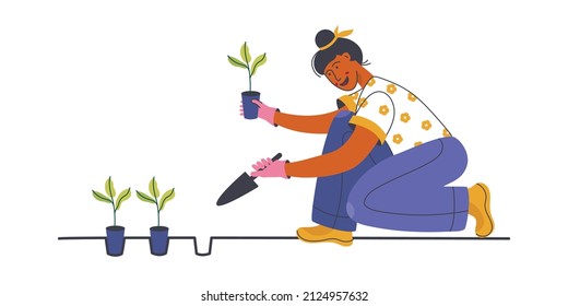 Mujer plantando jardines flores, cultivando plantas, hobby de jardineros agrícolas y trabajo de jardín