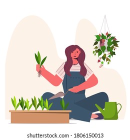 woman planting houseplants in pot housewife caring of her plants portrait vector illustration