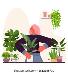 woman planting houseplants in pot housewife caring of her plants portrait vector illustration