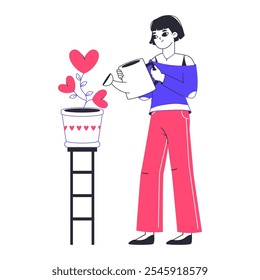 Mujer plantando corazones de amor. Chica romántica regando símbolos de amor Ilustración vectorial plana. Escena del día de San Valentín