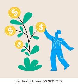 Mujer plantando un árbol de dinero y recogiendo dólares. Crecimiento de las ganancias financieras. Ilustración vectorial colorida
