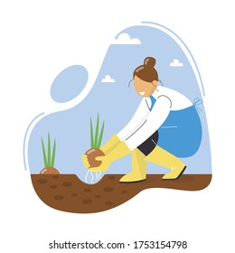 A woman planting an onion. A farmer grows onions. Growing onions in garden. Vector illustration. 