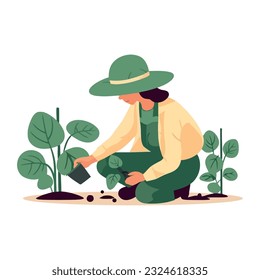 Woman planting organic seedlings, caring for nature icon isolated