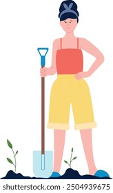 Woman planting seedlings in soil. Person hold digging shovel