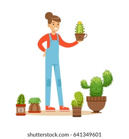 Woman planting succulents. Hobby or profession olorful character vector Illustration