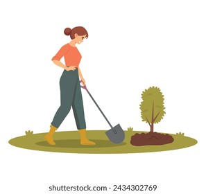 Woman planting tree flat vector illustration isolated on white. woman with shovel. Gardening.