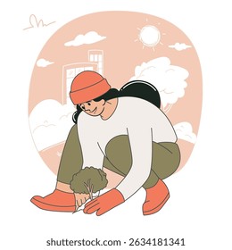 Woman planting a tree in the garden for nature conservation